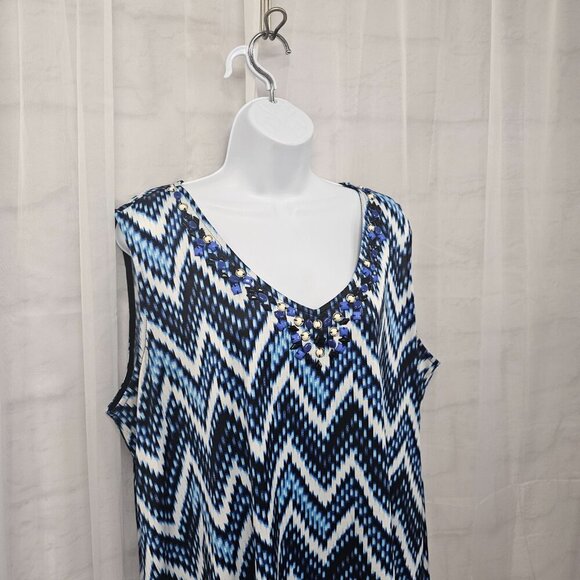 Avenue Blue White Chevron Aztec Sleeveless Midi Dress Beaded Boho 22/24 - Picture 4 of 13